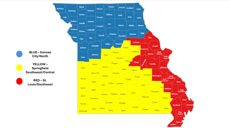 Map of Missouri Outlining regions for the Critical Investigations Unit. Text explaining circuits within each region below the image.